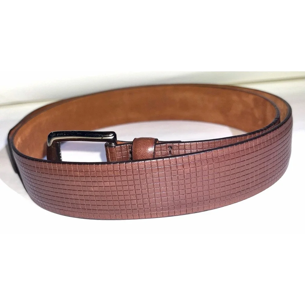 Cole Haan A34759 Grid Textured Brown Leather Silver Buckle Belt Size 34 85